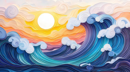 Sea wave background. Vector illustration of sea wave with sun and clouds.の素材