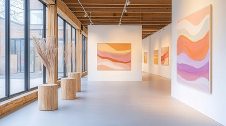 Modern art gallery interior with paintings on the walls and wooden floor.の素材