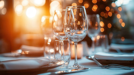 Wine glasses on the table in a restaurant, close-upの素材