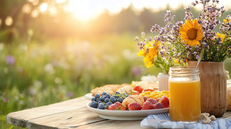 Breakfast in the garden on a wooden table with a glass of orange juice and a plate of fruit and berriesの素材