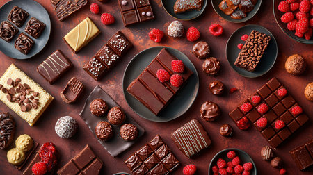 Assortment of chocolate candies on brown background. Top view.の素材