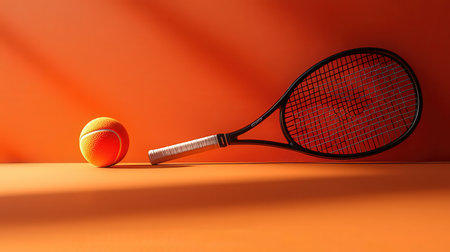 Tennis racket and ball on orange background. 3d illustration.の素材