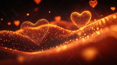 3D rendering of valentines day abstract digital background with glowing heartsの素材