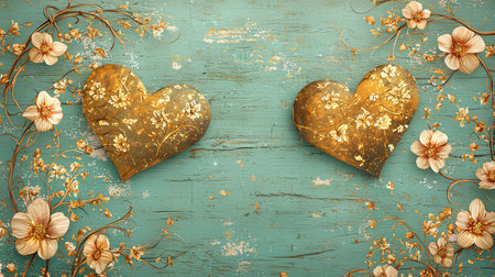 Valentine's day background with gold hearts and flowers on blue wooden backgroundの素材