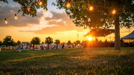 Sunset in the park with light bulbs on the grass. Backgroundの素材