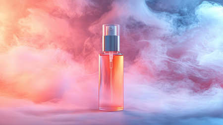 Perfume bottle mockup on smoke background. 3d illustrationの素材