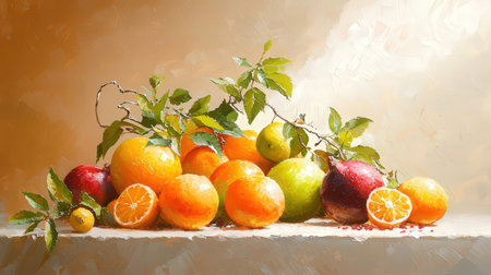 Still life with fresh fruits on a wooden shelf and grunge backgroundの素材