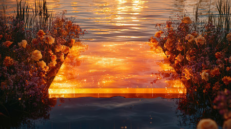 3d illustration of a sunset reflected in a lake with beautiful flowersの素材