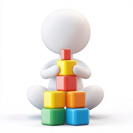3d white man with toy cubes isolated on a white background.の素材