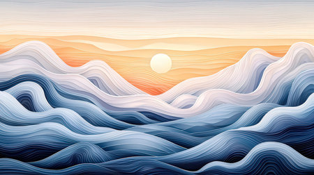 Seamless pattern with sea waves and sun. Vector illustration.の素材