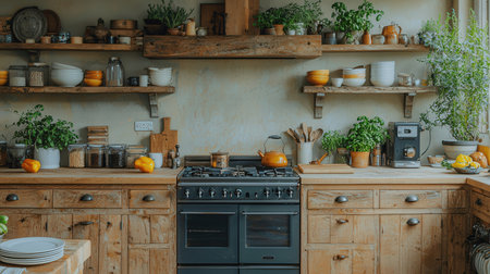 Interior of a rustic kitchen with vintage furniture and utensilsの素材