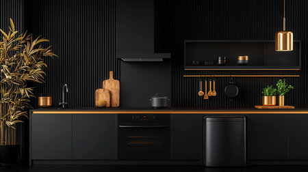 Interior of modern kitchen with black walls, concrete floor, black cupboards and built in cooker. 3d renderingの素材