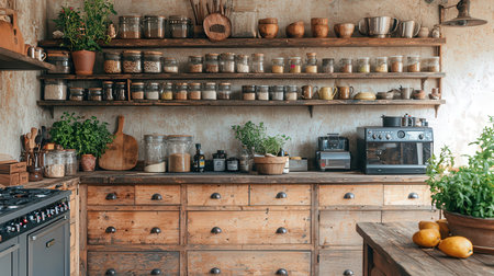 Interior of a rustic kitchen with wooden furniture and kitchenwareの素材