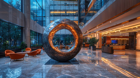 Modern office building interior with a large concrete sphere and orange armchairsの素材