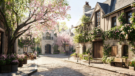 Old town street with blooming trees and old houses in Riga, Latviaの素材
