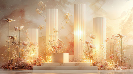 3d render, abstract marble background with gold flowers and podiumsの素材