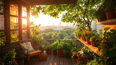Sunset view from balcony with flowers in pots on terrace.の素材