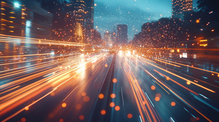 traffic in the city at night, light trails on the streetの素材