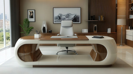 Interior of modern office with wooden walls, white floor, white computer table and bookcase with folders. 3d renderingの素材