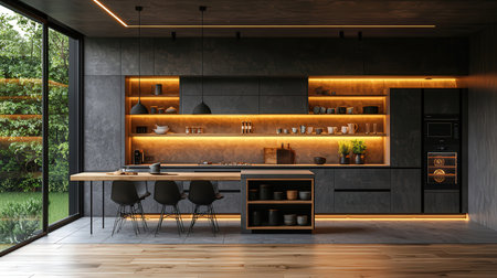 Interior of modern kitchen with black and wooden walls, wooden floor, dark wooden countertops and cupboards. 3d renderingの素材