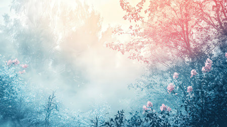 Nature abstract background. Beautiful blooming tree in the morning mist.の素材