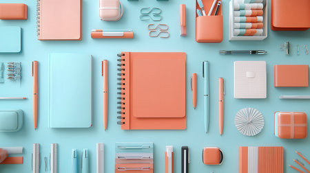 Top view of colorful stationery on blue background. Back to school concept. 3D Renderingの素材