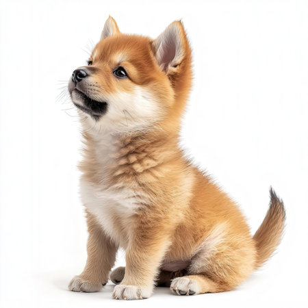 puppy of akita inu in front of white backgroundの素材