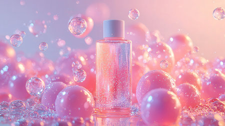 Nail polish bottle on pink background with water drops, 3d illustrationの素材