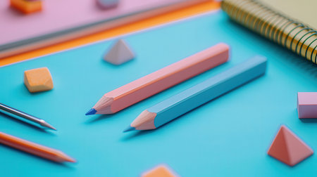 Pencils and notepads on blue background. Back to school concept.の素材