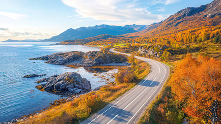 Aerial view of the road to Lofoten islands, Norwayの素材