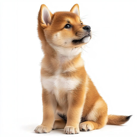 Shiba inu puppy sitting on a white background. isolated.の素材
