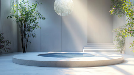 3d render of a round podium in a modern room with white wallsの素材