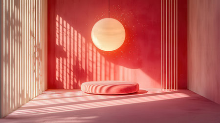 3d rendering of minimal geometric forms. Glossy red podium for your design.の素材