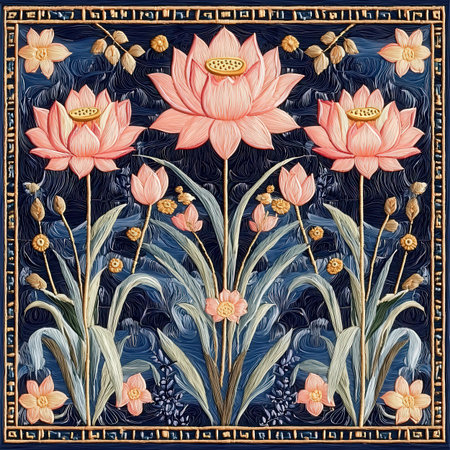 Vintage background with lotus flowers and leaves. Vector illustration.の素材