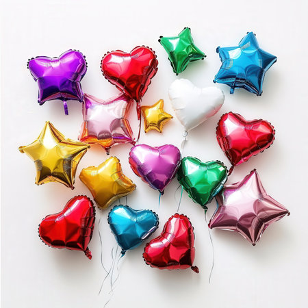 Colorful heart-shaped balloons on white background. Top view.の素材