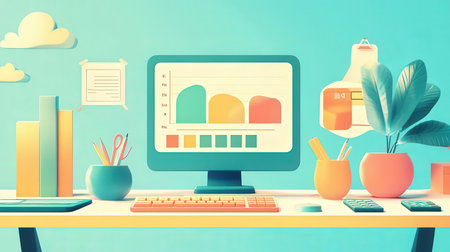 Modern workspace with computer and office supplies. 3d rendering toned imageの素材