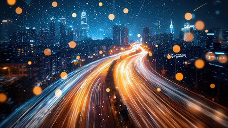 traffic in the city at night with light trails and bokehの素材