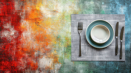 Empty plate and cutlery on napkin on grunge backgroundの素材