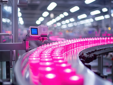 Automated conveyor belt in a factory, shallow depth of fieldの素材