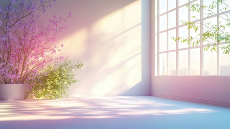 interior with large window, 3d render, pink and whiteの素材