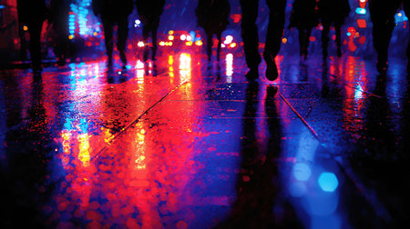 People walking on the street in the rain. Silhouettes of people at night.の素材