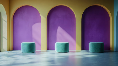 Interior of a room with colorful arches and green stool. 3d renderingの素材