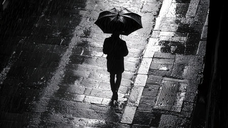 Black and white image of a woman walking in the rain with an umbrellaの素材