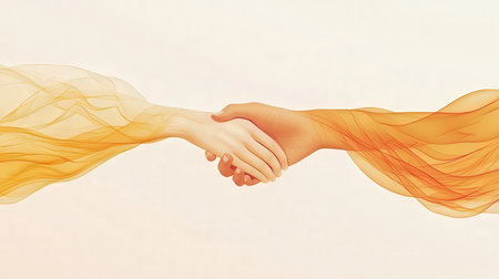 Handshake of two people on the background of orange flowing fabric.の素材