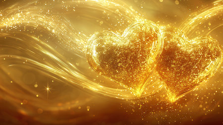 two golden hearts on a golden background with bokeh and starsの素材