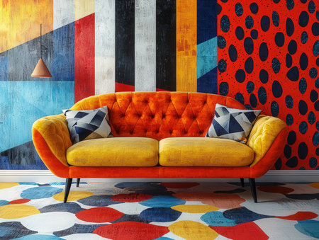 Interior design modern bright room with orange sofa 3D Illustrationの素材