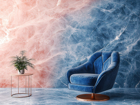 Blue armchair in modern interior with marble wall. 3d renderの素材