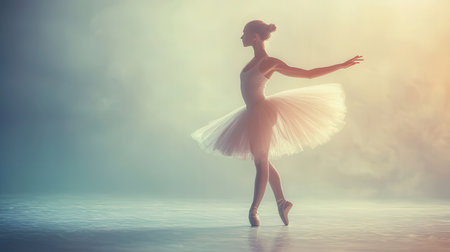 Ballerina in a white tutu dancing on a foggy backgroundの素材
