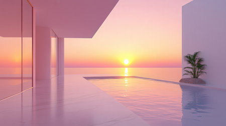 Swimming pool in luxury villa at sunset. 3d renderingの素材