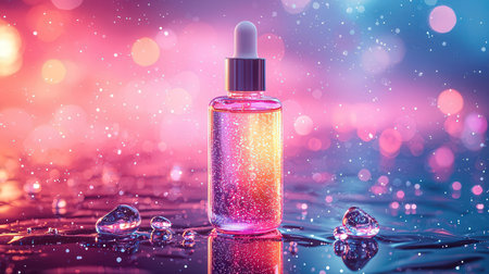 Cosmetic pipette with dropper on colorful background with bokeh effectの素材